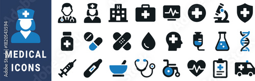 Collection of blue and black medical healthcare icons on white background vector