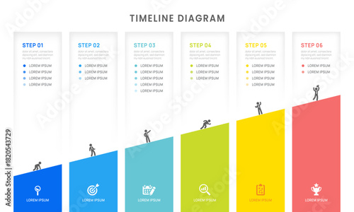 Business road map timeline infographic with 6 steps options milestones elements, diagram, and icon, vector.