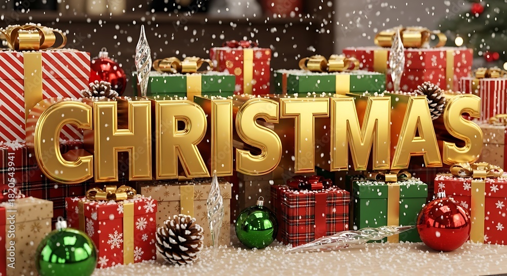 Obraz premium Golden christmas lettering shines brightly amidst a festive display of beautifully wrapped presents and sparkling decorations evoking holiday cheer and gift giving joy