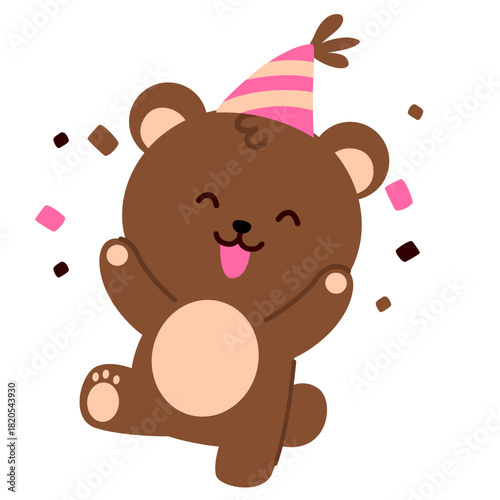 Joyful brown bear wearing a party hat and celebrating with confetti, great for birthday themes, festive illustrations, children’s designs, cheerful messages, and cute cartoon graphics.