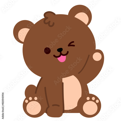 Happy brown bear waving cheerfully with a friendly smile, suitable for children’s projects, stickers, positive messages, greeting graphics, playful themes, and cartoon design elements.