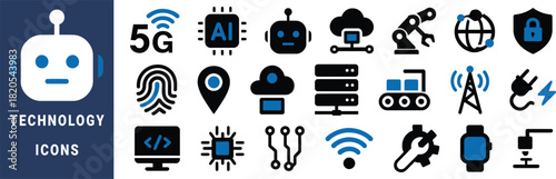 Collection of blue and black technology icons on a dark blue background robot wifi