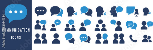 Collection of blue and dark blue communication and conversation icons speech bubble