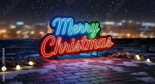 Vibrant neon merry christmas sign illuminates snowy rooftop under a starry night sky