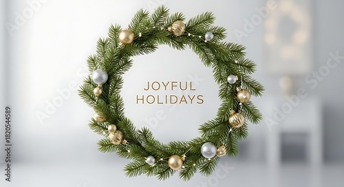 A festive and elegant christmas wreath adorned with ornaments and lights wishing joy and happy holidays to all