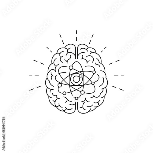 Outline icon of a human brain with an atom structure inside, symbolizing science and intelligence, vector illustration