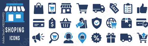 Collection of blue and dark blue shopping and e-commerce icons on a white background retail store