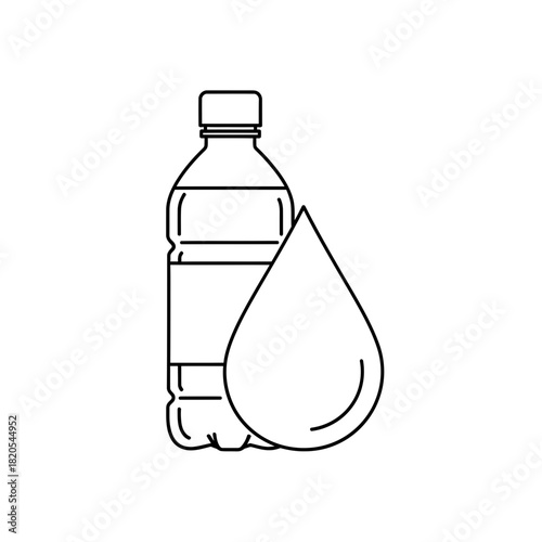 Outline icon of a plastic water bottle next to a large drop of water, vector illustration