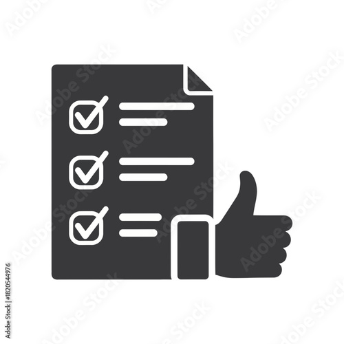 Black and white icon representing a completed checklist with a thumbs up gesture, symbolizing approval or success vector illustration