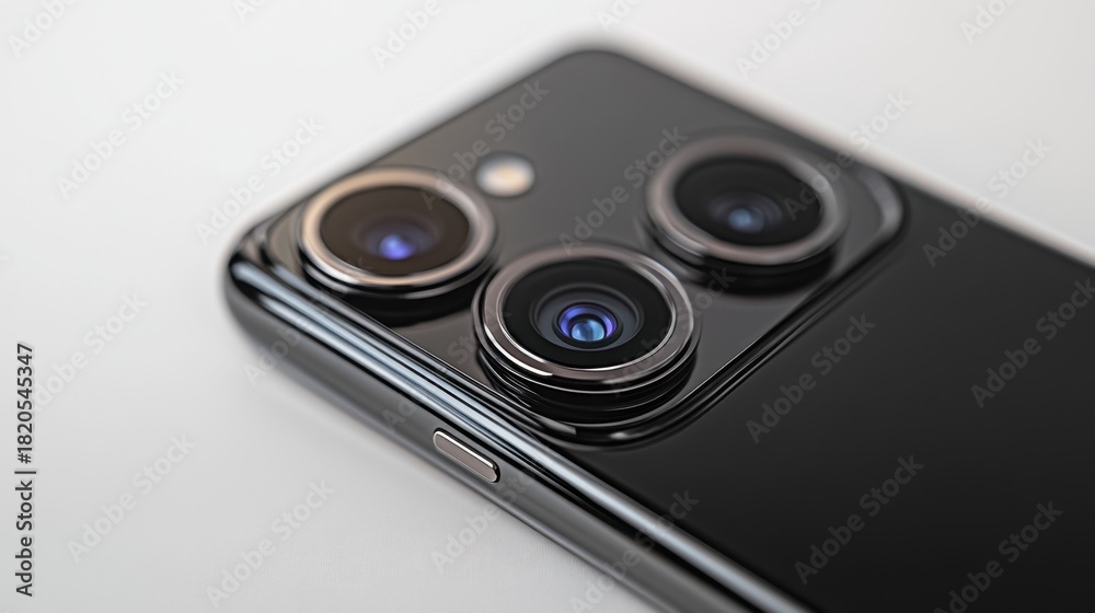 Fototapeta premium Close up of modern black smartphone triple camera lens system on clean background showing advanced technology