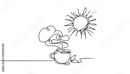 Single line drawing in modern minimalist style of steaming tea cup on sunny day  with copy space