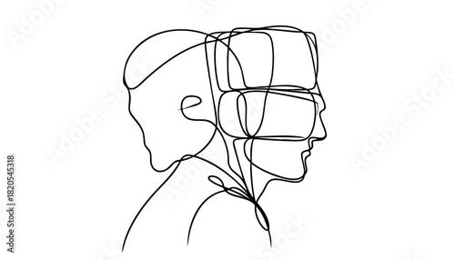 Single line drawing in modern minimalist style of person showing low energy and fatigue on white background with copy space