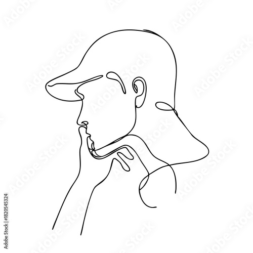 Single line drawing in modern minimalist style of person thinking alone in contemplative pose  