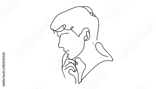 Single line drawing in modern minimalist style of person thinking alone in contemplative pose on white background with copy space