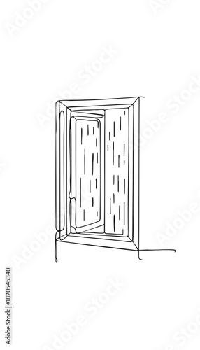 Single line drawing in modern minimalist style of rainy window with droplets on glass with copy space