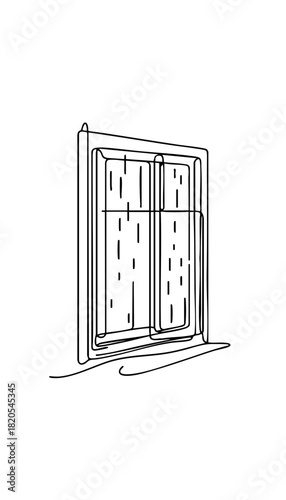 Single line drawing in modern minimalist style of rainy window with droplets on glass on white background  