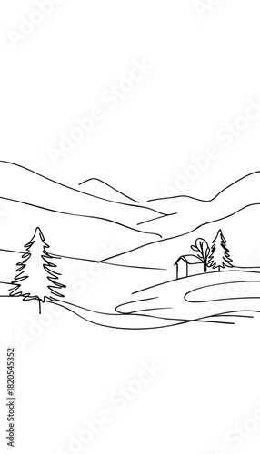 Single line drawing in modern minimalist style of overcast weather with gray skies on white background with copy space