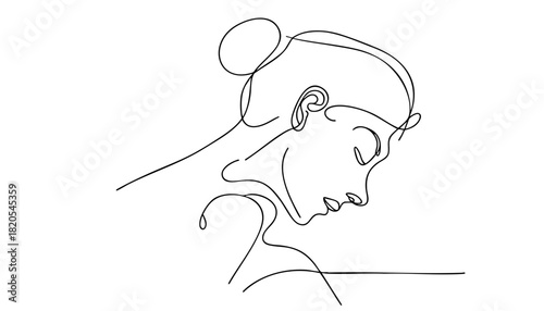Single line drawing in modern minimalist style of depressed figure conveying low mood and sadness on white background  