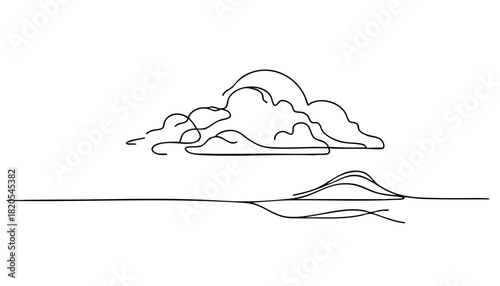 Single line drawing in modern minimalist style of dark cloudy sky with dramatic atmosphere on white background with copy space