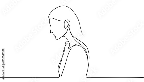 Single line drawing in modern minimalist style of depressed figure conveying low mood and sadness on white background with copy space