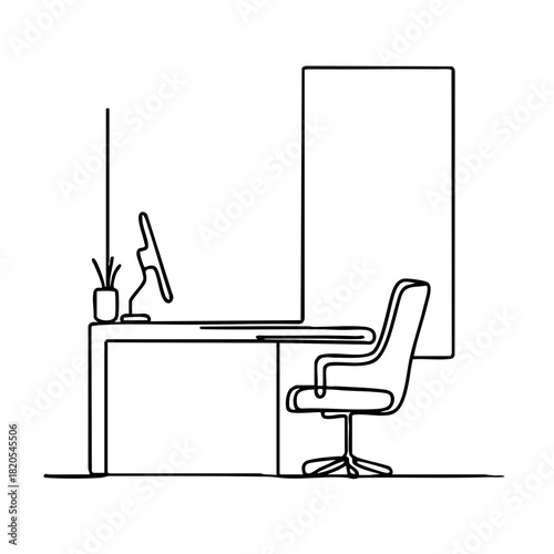 Single line drawing in modern minimalist style of gloomy office interior with empty desk on white background with copy space