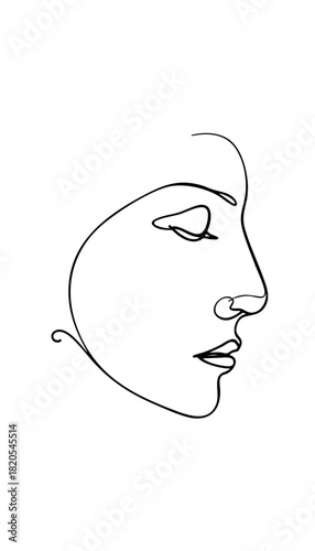 Single line drawing in modern minimalist style of sad facial expression on white background with copy space