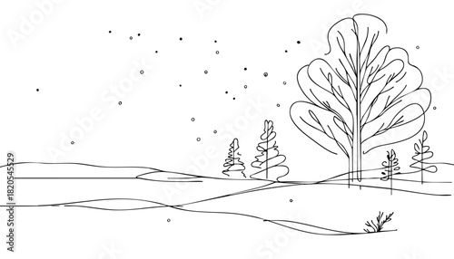 Single line drawing in modern minimalist style of cold winter day with barren landscape  