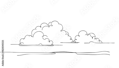 Single line drawing in modern minimalist style of dark cloudy sky with dramatic atmosphere on white background