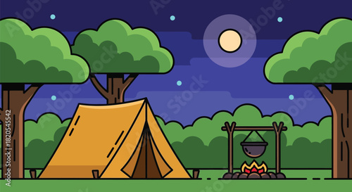 Camping cartoon illustration at night with tent and campfire