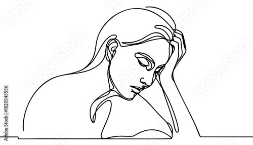 Single line drawing in modern minimalist style of melancholic winter scene evoking seasonal sadness on white background  