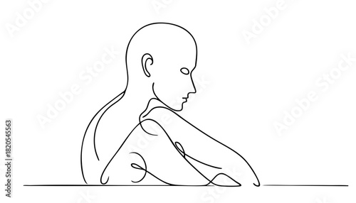Single line drawing in modern minimalist style of lonely figure conveying isolation and solitude on white background with copy space