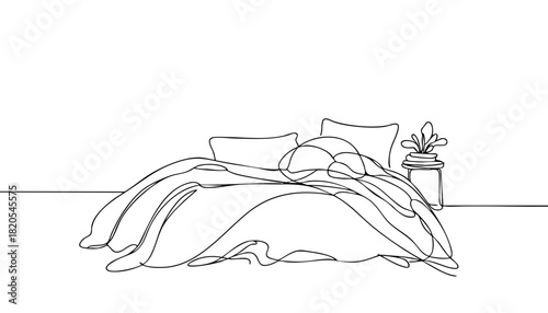  Single line drawing in modern minimalist style of unmade bed with rumpled blankets  