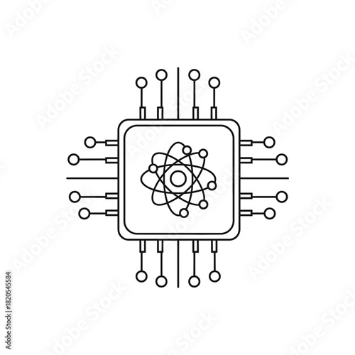 Outline icon of a microchip processor with an atom symbol inside, vector illustration
