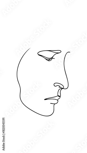 Single line drawing in modern minimalist style of sad facial expression  with copy space