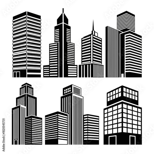 Collection of black and white stylized skyscraper and building icons for urban architecture design vector illustration