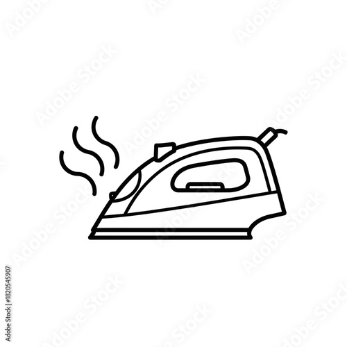 Simple black and white line icon of a steaming electric iron for laundry and garment care, vector illustration