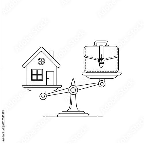 Line art of a balance scale comparing a house on one side and a briefcase on the other, vector illustration