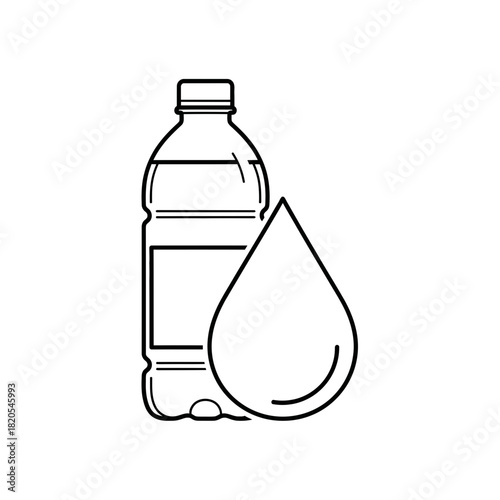 Outline icon of a plastic water bottle next to a large water drop, vector illustration