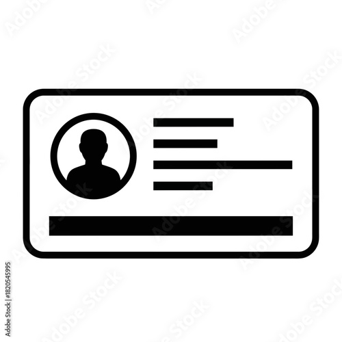 Black and white icon representing an identification card or badge with a silhouette profile picture and lines for text, vector illustration