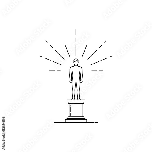 Line art icon of a person standing on a pedestal with radiating light beams, vector illustration