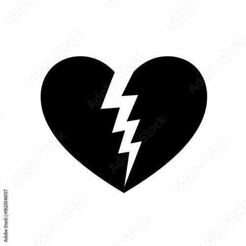 Black silhouette icon of a broken heart with a lightning bolt crack, vector illustration