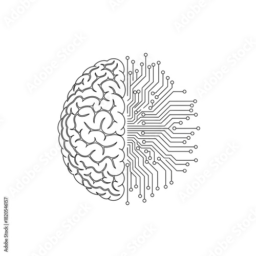 Conceptual line art illustration of a human brain half merging with a digital circuit board, vector illustration