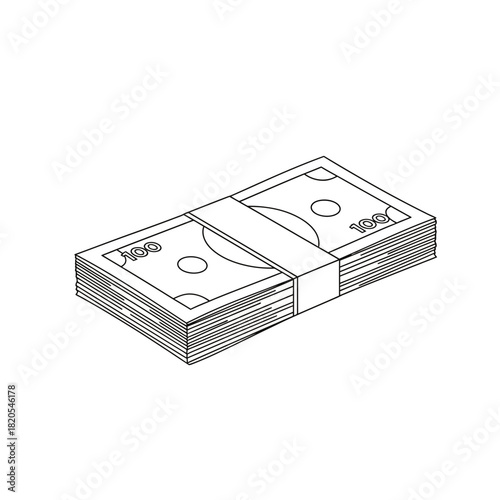 Outline drawing of a stack of hundred dollar bills tied with a band, vector illustration
