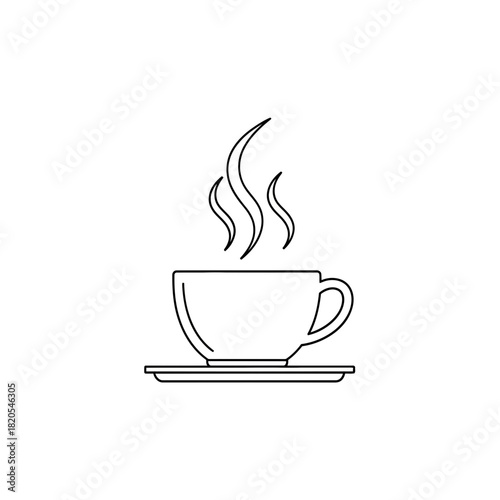 Simple black and white line art icon of a steaming hot coffee or tea cup on a saucer, vector illustration