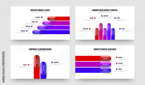 Enterprise Planning Four Five Two Three Option Diagram Presentation Layout Vector Illustration Set. Advertising Profile 4 5 2 3 Element Infographic Slideshow Design Bundle.