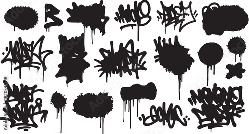 Assortment of Black Graffiti Tags and Drips on White Background spray paint on transparent background