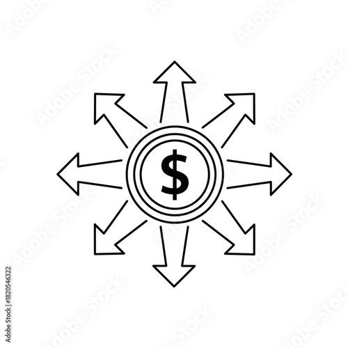 Black and white line icon representing money distribution, cash flow, or financial diversification with dollar sign vector illustration