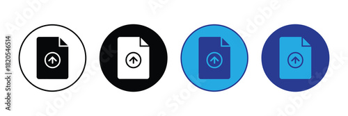 Set of four document upload icons in circles with arrow icon indicating file upload and transfer on white background