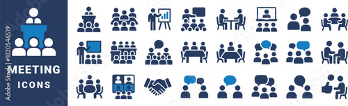 Collection of blue and white business meeting icons on dark blue background group people