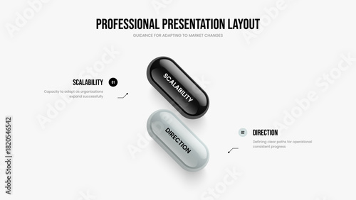 Advertising Launch 2 Step Infographic Slide Layout. Financial Forecast Two Element Diagram Slideshow Template. Product Profile Frame Design Vector Illustration.